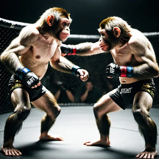 Prompt: 2 monkeys fighting in mma wearing fight shorts in stadium 
