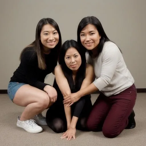 Prompt: two women, one asian, one Hispanic, on knees