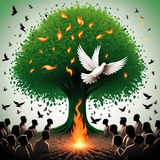 Prompt: a ground full of aggressive people a tree with fire one green leaf with dove and flower
