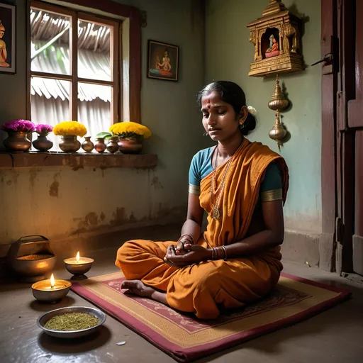 Prompt: "In a small, humble village, a poor Brahmin woman is depicted in deep devotion, sitting on a simple mat inside her modest home. The Brahmin woman is shown wearing traditional attire, her face serene and focused as she prays to Lord Vishnu. The setting includes a small shrine with an idol or image of Lord Vishnu, adorned with flowers and incense. The home is simple, with clay walls and minimal furnishings, reflecting her poverty, yet the atmosphere is filled with spiritual warmth and devotion."