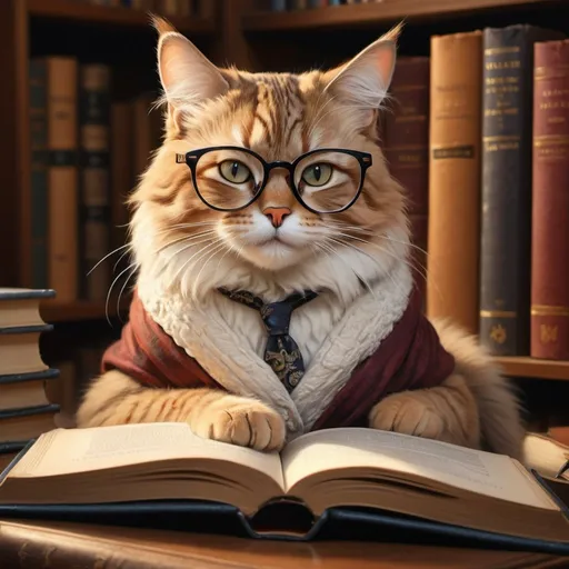 Prompt: High-resolution digital painting of a scholarly cat wearing glasses, sitting on an open book, realistic fur texture, cozy library setting, warm lighting, detailed whiskers, refined and elegant, bookish atmosphere, cat with glasses, scholarly, cozy, detailed fur, warm lighting, digital painting, high resolution, realistic texture, refined, elegant