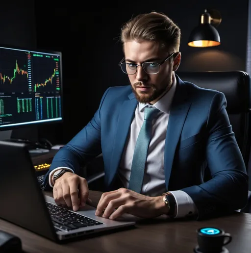 Prompt: The millionaire businessman runs his business on his own crypto exchange via the computer in his office. There is cryptocurrency on the table and he is doing his work in the dark room