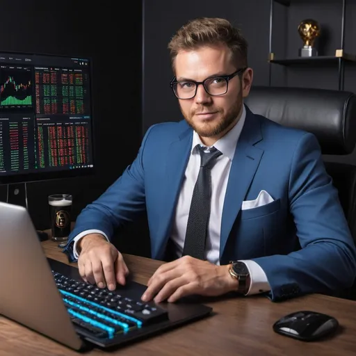 Prompt: Millionaire man runs his business on his own crypto exchange via computer