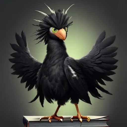 Prompt: Create a book cover with the Book Title, “The Whipperwool by Leroye Bunch” adobe bird’s head. The Bird looks like a mythical bird that looks similar to Big Bird in size and shape from Sesame Street and that stands up on two legs like Big Bird, the mythical bird has black fur, with sandy grey mixed in black fur, creepy blood-shot green eyes that look angry, predator claws, black hair that looky pointy and stiff pointing down.