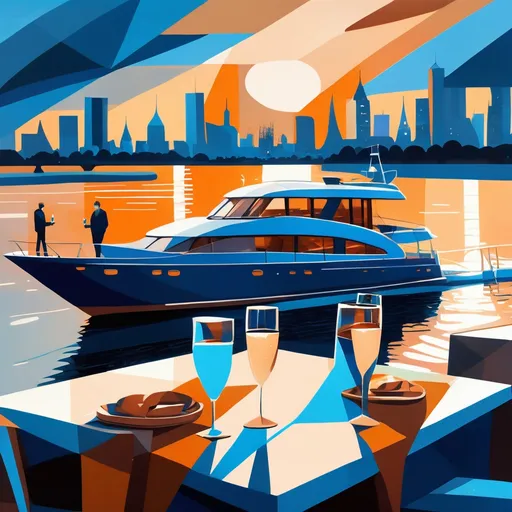 Prompt: 2 motor yachts on a river with Riga city background, two people drinking champagne at the back of the boat,colors blue and brown, sunset and light snowfall, modern cubism, geometric