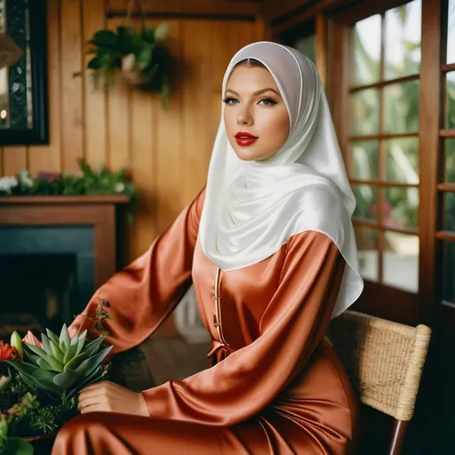 Prompt: gorgeous malay taylor swift woman wearing shiny satin tudung in a cozy beach house with flowers and plants.Side profile. Shot on Fujifilm
Superia --ar 2:3 --v 6.0 --style raw