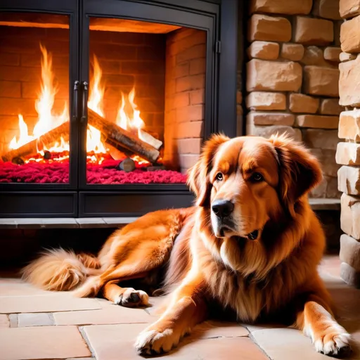 Prompt: big hairy dog lying by the fireplace, copper and ruby, rough brushstrokes, fairytale scenery. --ar 16:9 --v 6