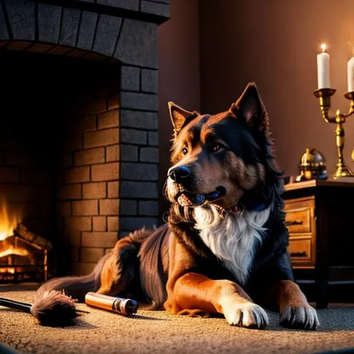 Prompt: big hairy dog lying by the fireplace, copper and ruby, rough brushstrokes, fairytale scenery. --ar 16:9 --v 6