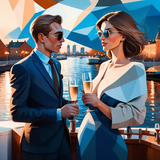 Prompt: 2 motor yachts on a river with Riga city background, two people drinking champagne at the back of the boat,colors blue and brown, sunset and light snowfall, modern cubism, geometric