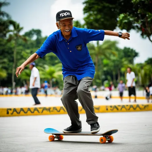 Prompt: Old malay man skateboarding in Malaysia