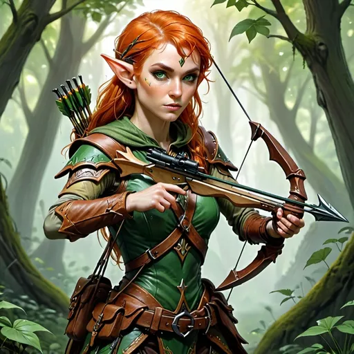 Prompt: (elf female ranger), holding a crossbow, (beasthunter), (fantasy character art), (illustration), (D&D), vibrant cool tones, striking ginger hair, captivating green eyes, intricate outfit of leather and nature-inspired designs, mystical forest background filled with shadows and ethereal light, poised and ready for adventure, (highly detailed), (dynamic composition).