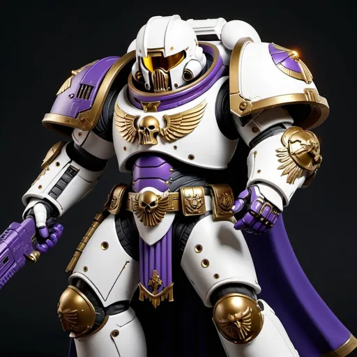 Prompt: White Primaris Space Marine with oriole accents, loyalist Emperor's Children, Warhammer 40K, futuristic sci-fi armor, intricate golden details, intense and determined pose, professional 3D rendering, highres, ultra-detailed, sci-fi, futuristic, loyalist, professional, intricate details, purple and  bright gold accents , atmospheric lighting