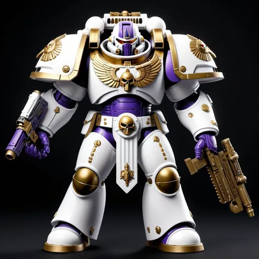 Prompt: White Primaris Space Marine with oriole accents, loyalist Emperor's Children, Warhammer 40K, futuristic sci-fi armor, intricate golden details, intense and determined pose, professional 3D rendering, highres, ultra-detailed, sci-fi, futuristic, loyalist, professional, intricate details, purple and  bright gold accents , atmospheric lighting