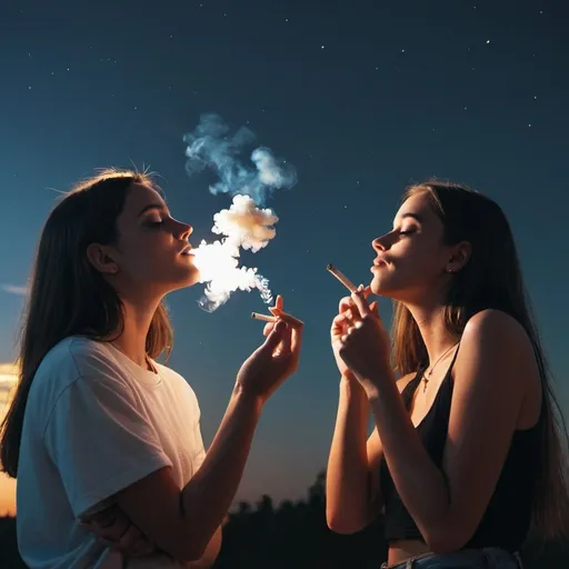 Prompt: TWO GIRLS HANDING OUT RELAXING LOOKING AT THE NIGHT SKY WHILE SMOKING A JOINT