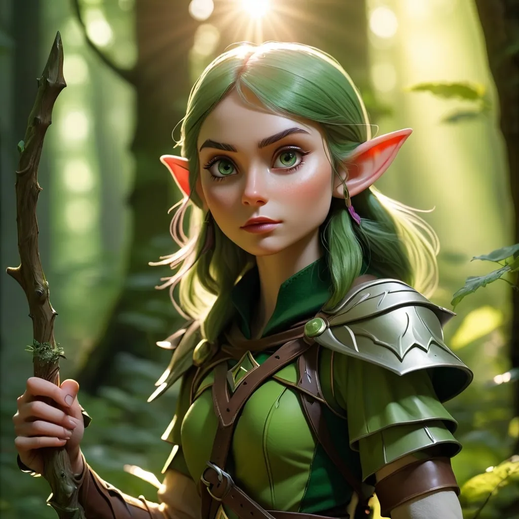 Prompt: Elf ranger in a mystical forest around sunlight