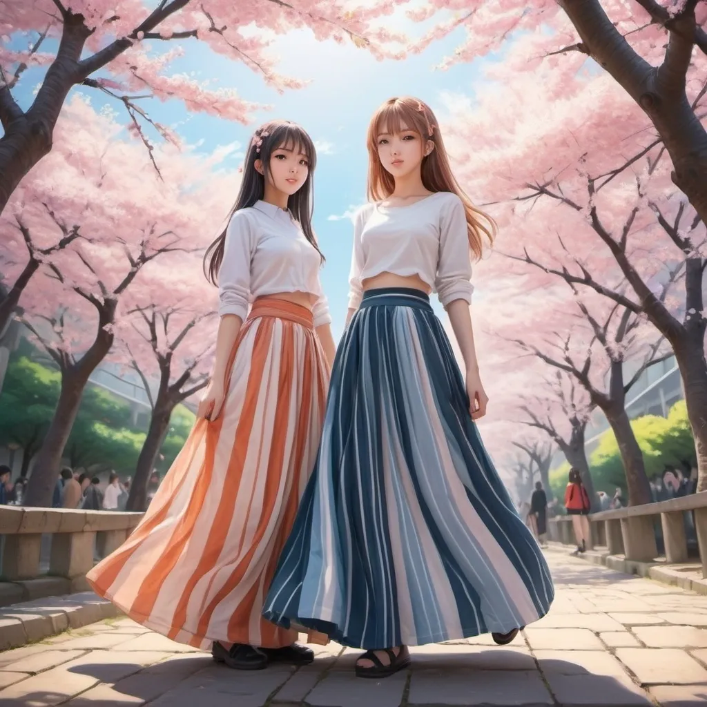 Prompt: Anime girls wearing maxi long floor-length vertical striped skirts that are extremely long.