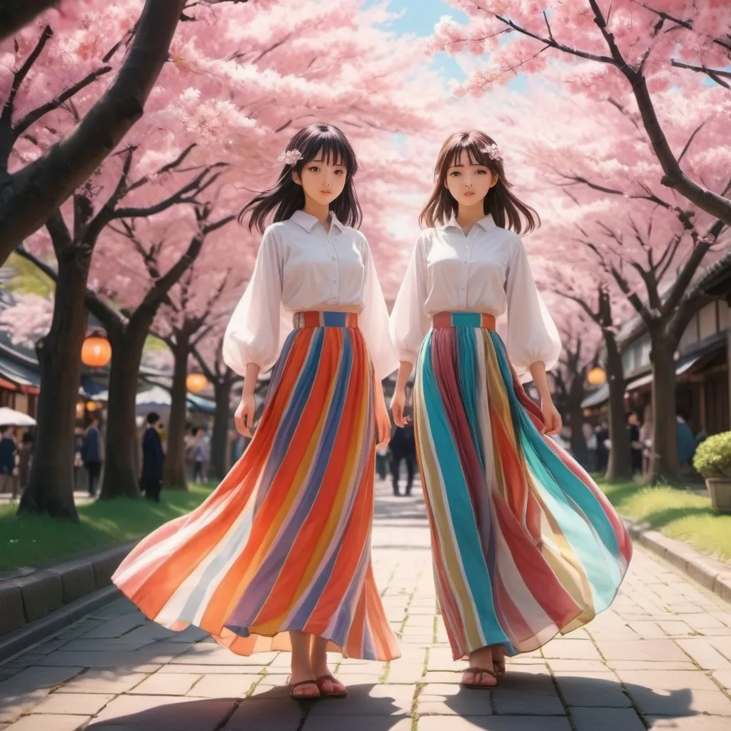 Prompt: Anime girls wearing maxi long floor-length vertical striped skirts that are extremely long.