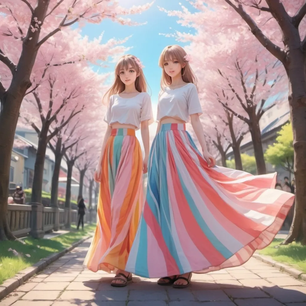 Prompt: Anime girls wearing maxi long floor-length vertical striped skirts that are extremely long.