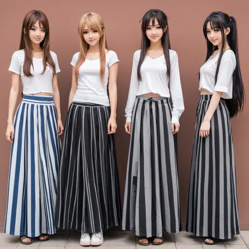 Prompt: Anime girls wearing maxi long floor-length vertical striped skirts that are extremely long.