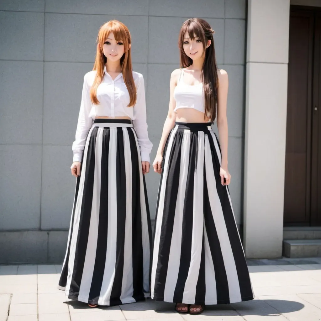 Prompt: Anime girls wearing maxi long floor-length vertical striped skirts that are extremely long.