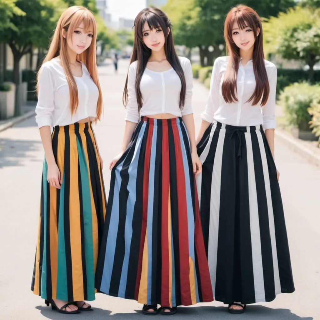 Prompt: Anime girls wearing maxi long vertical striped skirts that are extremely long.