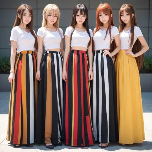 Prompt: Anime girls wearing maxi long floor-length vertical striped skirts that are extremely long.