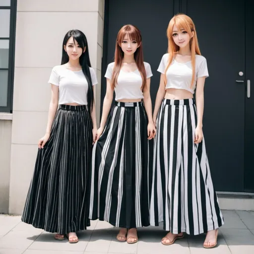 Prompt: Anime girls wearing maxi long floor-length vertical striped skirts that are extremely long.