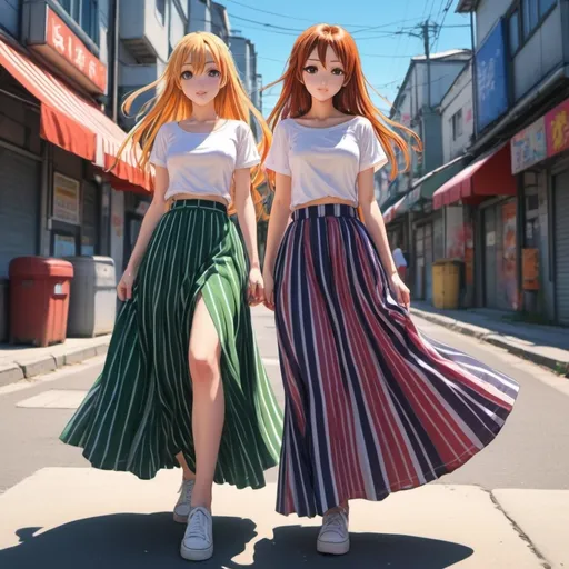 Prompt: Anime girls wearing maxi long vertical striped skirts that are extremely long.