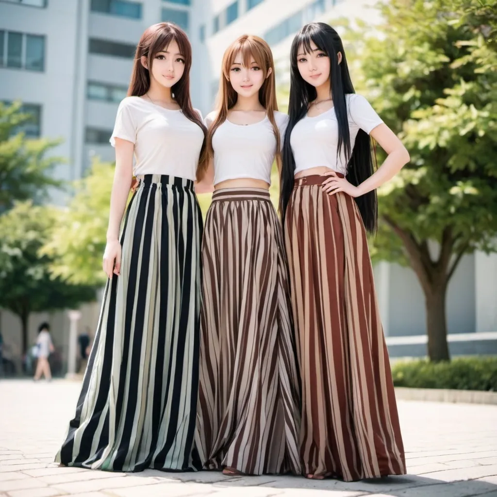 Prompt: Anime girls wearing maxi long floor-length vertical striped skirts that are extremely long.