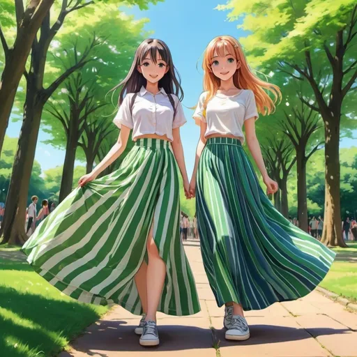 Prompt: Anime girls wearing maxi long floor-length vertical striped skirts that are extremely long.