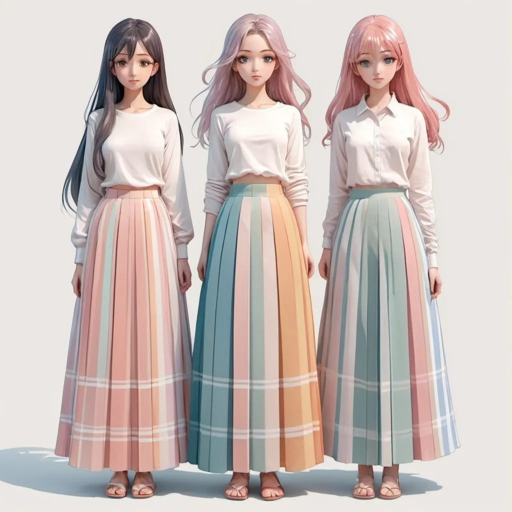 Prompt: Anime girls wearing maxi long floor-length vertical striped skirts that are extremely long.