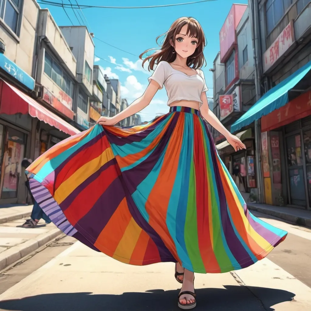 Prompt: Anime girls wearing maxi long floor-length vertical striped skirts that are extremely long.