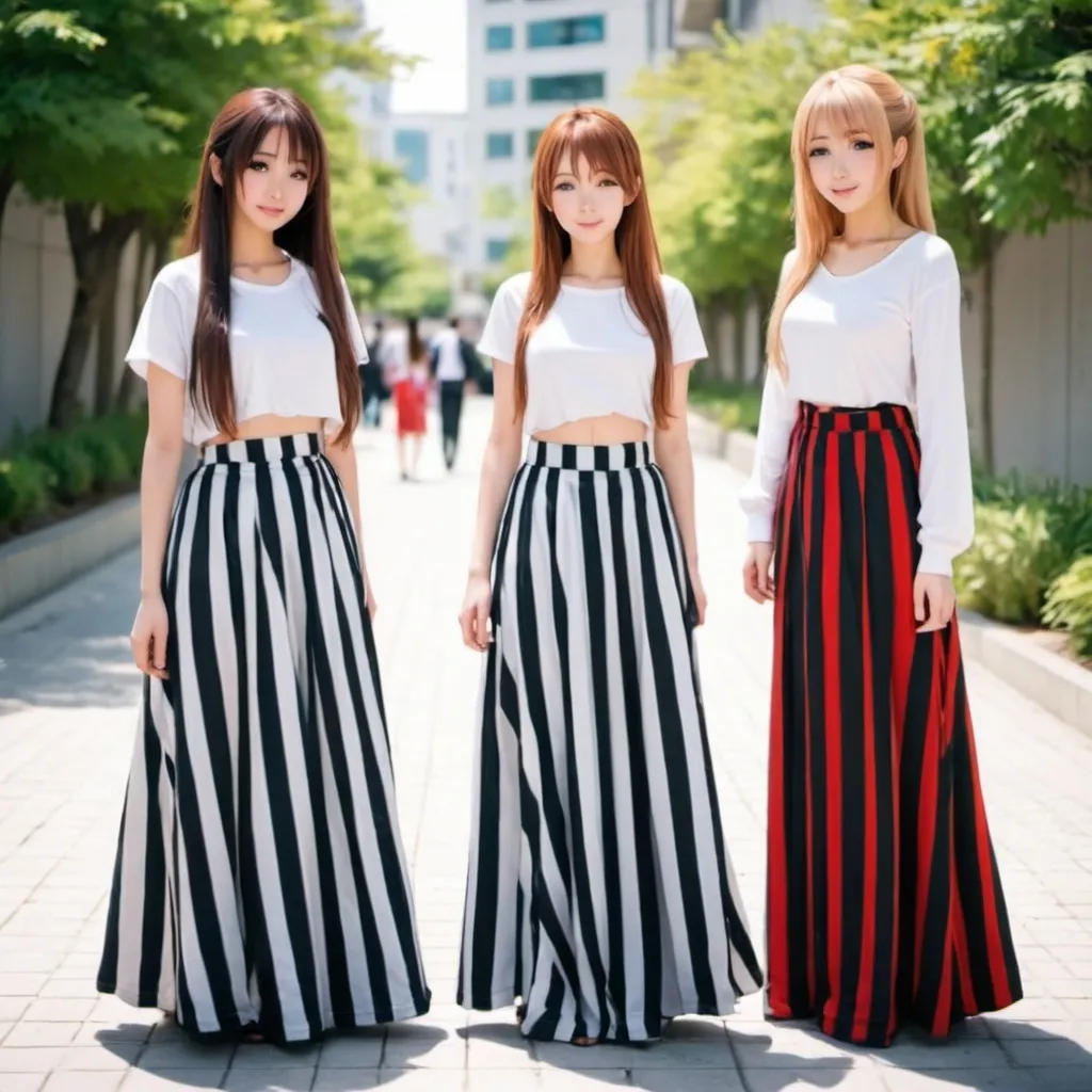 Prompt: Anime girls wearing maxi long floor-length vertical striped skirts that are extremely long.