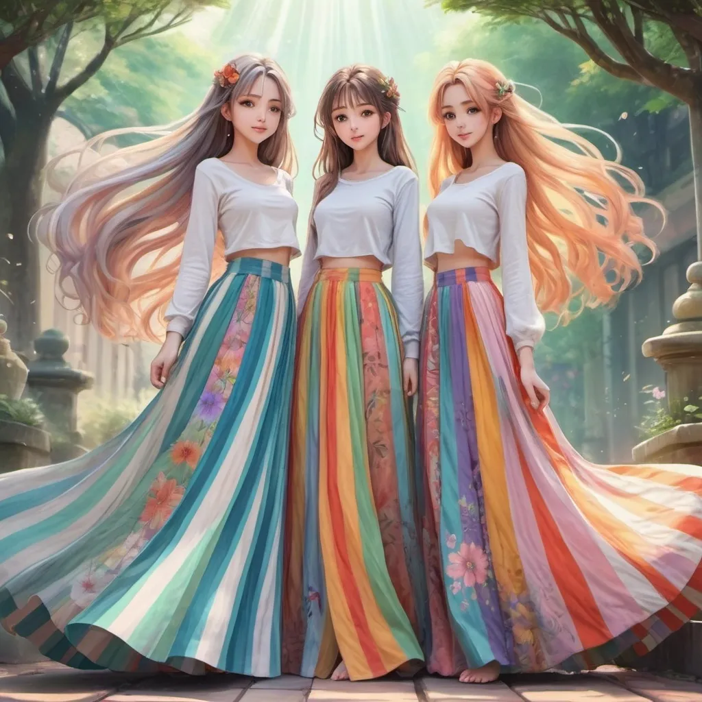 Prompt: Anime girls wearing maxi long floor-length vertical striped skirts that are extremely long.