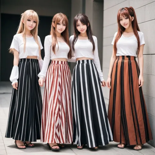 Prompt: Anime girls wearing maxi long floor-length vertical striped skirts that are extremely long.