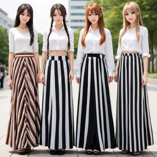 Prompt: Anime girls wearing maxi long floor-length vertical striped skirts that are extremely long.