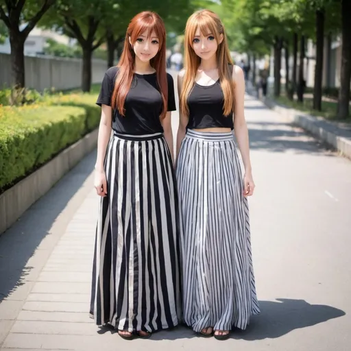 Prompt: Anime girls wearing maxi long vertical striped skirts that are extremely long.