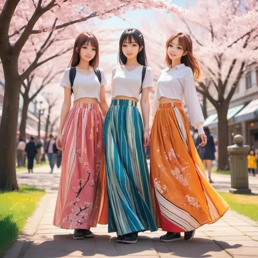Prompt: Anime girls wearing maxi long floor-length vertical striped skirts that are extremely long.
