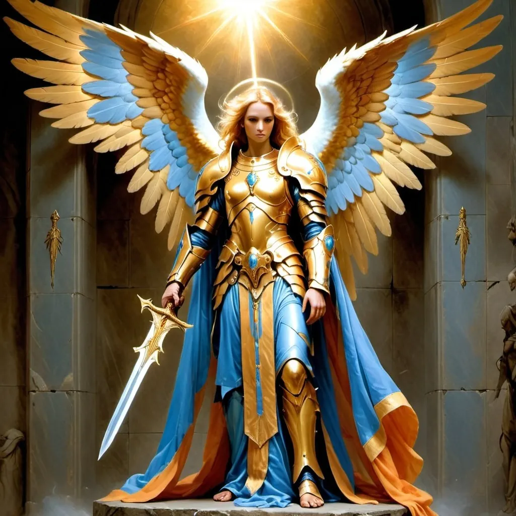 Prompt: Angelic humanoid in resplendent blue and orange/gold armor