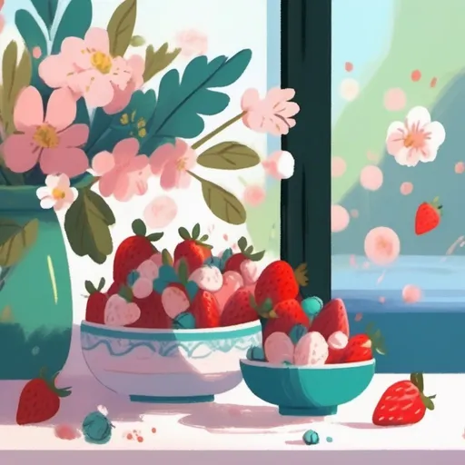 Prompt: Strawberries and  lichees in the bowl, acacia flowers in the color ful vase, in the minimal cafe 