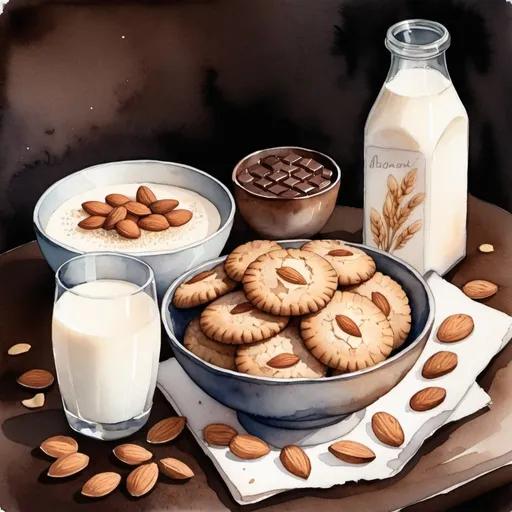 Prompt: A bowl with almond cookies , Milk on table,Near the dark chocolate and ears of barley and a bottle of almond milk , 2d illustrations, watercolor art, storytelling book style 