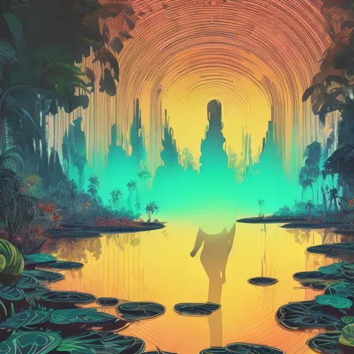 Prompt: Sven, DJ, Swedish, Blonde, Beard, house plants, sunglasses, pancho, turtleneck, anime, poster, psychedelic colors, Danish modern house, desktop background, gold chain, deep house music, trippy, baroque, Victorian, symmetrical, mirrors, reflections on water, the future, futuristic, vibes