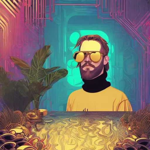 Prompt: Sven, DJ, Swedish, Blonde, Beard, house plants, sunglasses, pancho, turtleneck, anime, poster, psychedelic colors, Danish modern house, desktop background, gold chain, deep house music, trippy, baroque, Victorian, symmetrical, mirrors, reflections on water, the future, futuristic, vibes