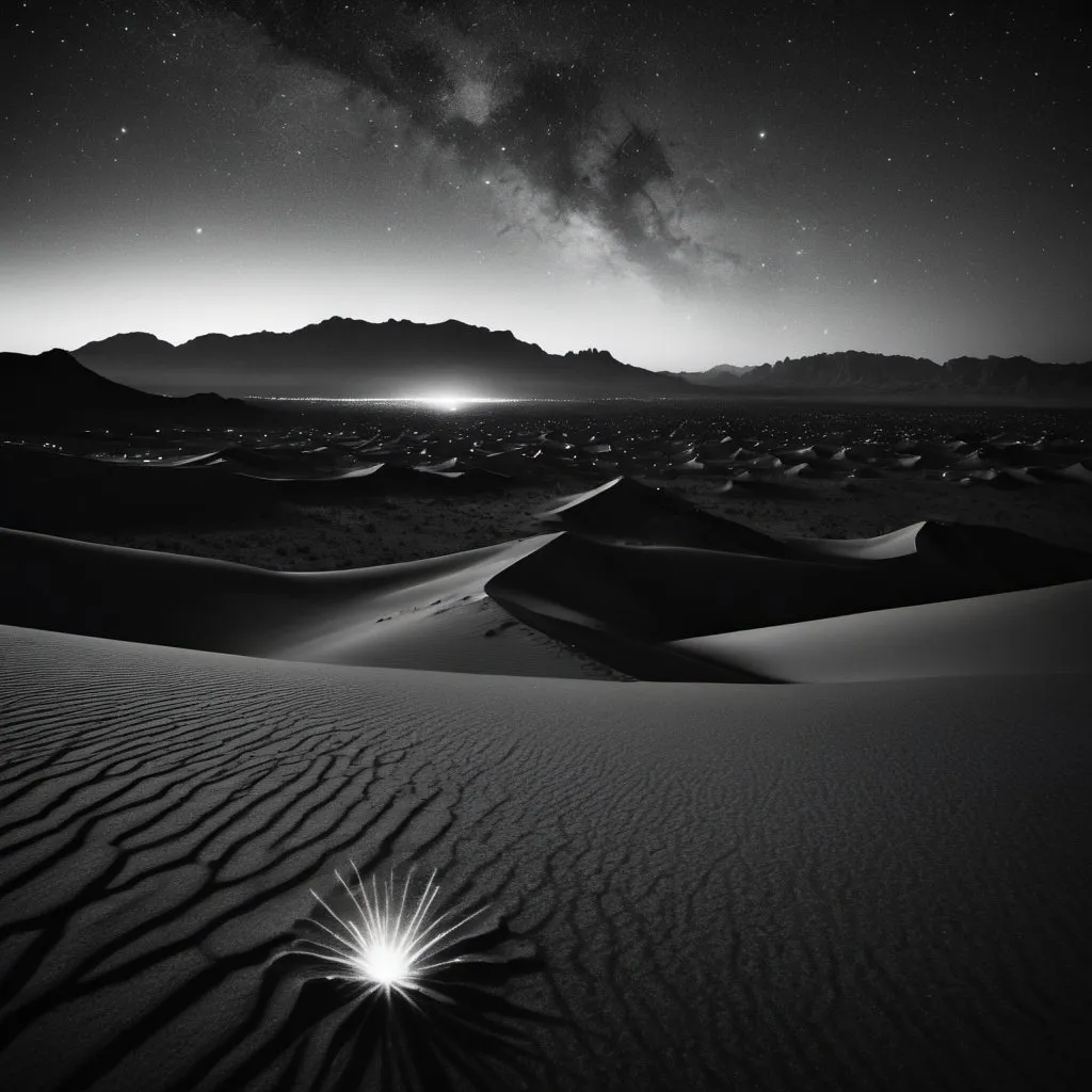 Prompt: A black and white high-resolution photo of a vast desert landscape. The foreground is barren, jagged mountains rise majestically in the distance, silhouetted against a breathtaking night sky filled with countless stars.