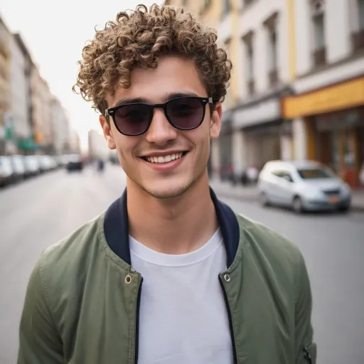 Prompt: A young man between 20 and 25 years old, with a cheerful disposition, dressed in casual yet elegant urban attire. He has fair skin and sports a fade haircut with curly hair. He wears sunglasses and exudes an entrepreneurial spirit. He has a passion for traveling.