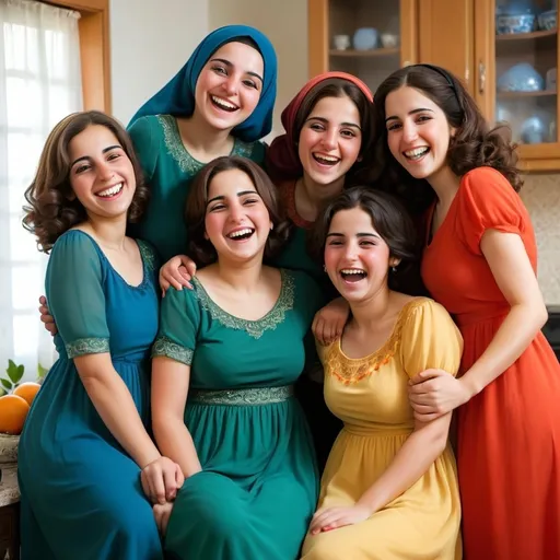 Prompt: Seven Iranian sisters in hijabs in a house hugging each other and laughing
The first sister is 37 years old, brunette, chubby, curly, brown eyes, blue dress
The second sister is 36 years old, thin, fair-skinned, white dress
The third sister is 35 years old, thin, fair-skinned, orange dress
The fourth sister is 34 years old, thin, short, fair-skinned, green dress
The fifth sister is 32 years old, brunette, skinny, laughing, red dress
The sixth sister is 29 years old, brunette, slightly chubby, yellow dress
The seventh sister is 27 years old, thin, fair-skinned, black dress
