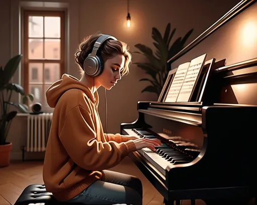 Prompt: Person vibing on a piano with headphones, digital illustration, cozy and warm atmosphere, detailed piano keys, relaxed pose, immersive music experience, high quality, digital art, warm tones, soft lighting