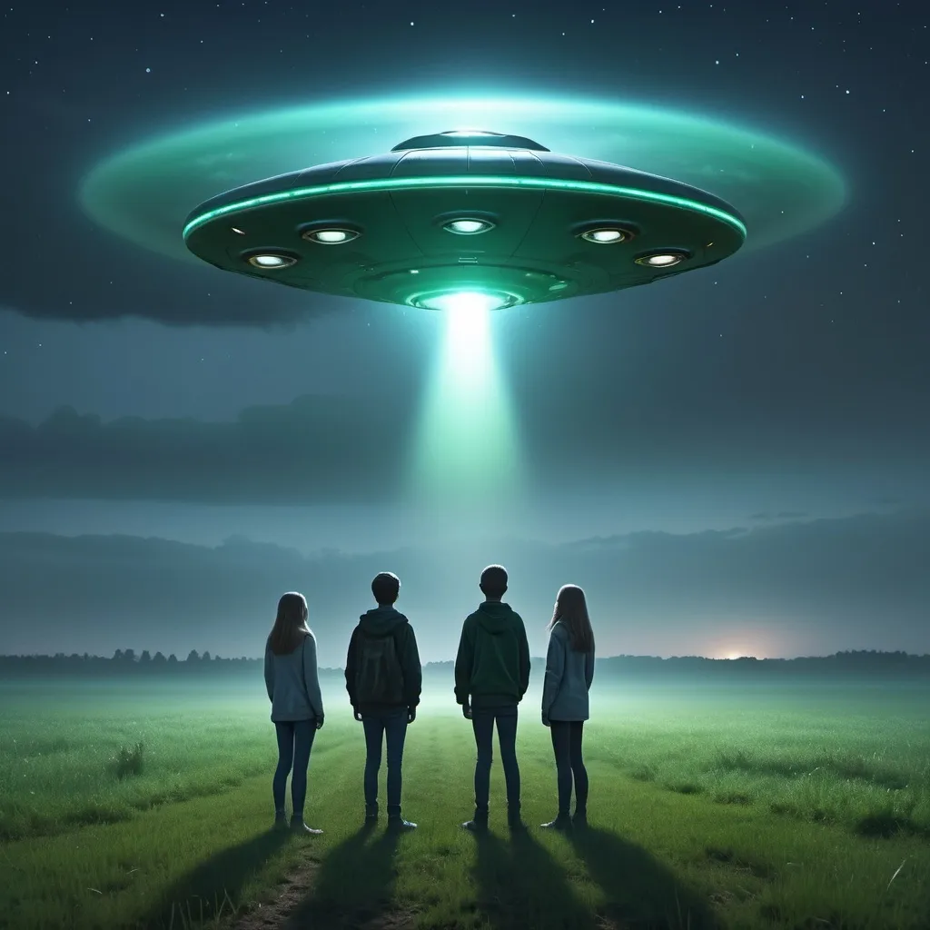 Prompt: teenagers see a UFO landing in a field
