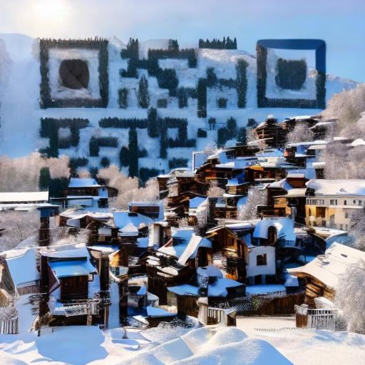 Prompt: a snowy village with mountains on the back