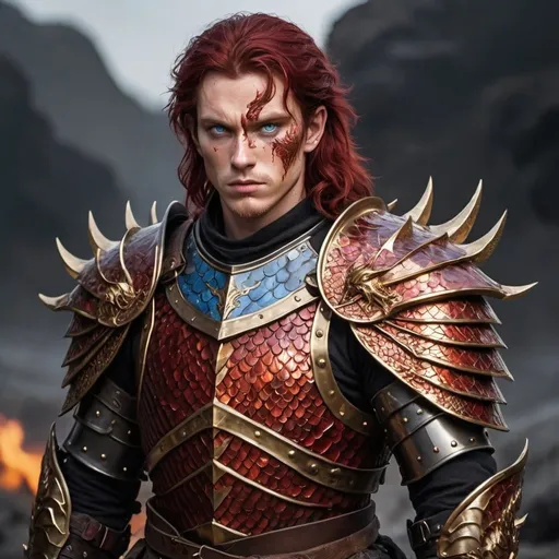 Prompt: Warrior with dark red hair, one blue eye and one golden dragon eye with a scar over it. He has fair skin with red dragon scales on his arms, hands, neck and cheeks. He's wearing black, burned plate armor that is melted in some places, damaged parts of the armor are repaired with gold. He's wearing a red dragon scale shoulder cape and carrying a dark steel great sword over his shoulder that has a black hilt and is inlayed with gold